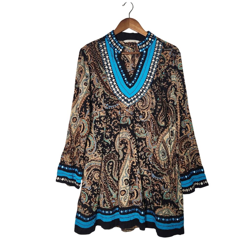 Soft Surroundings Aubrey Tunic Sz L Paisley Brown Blue Embellished Cotton Boho